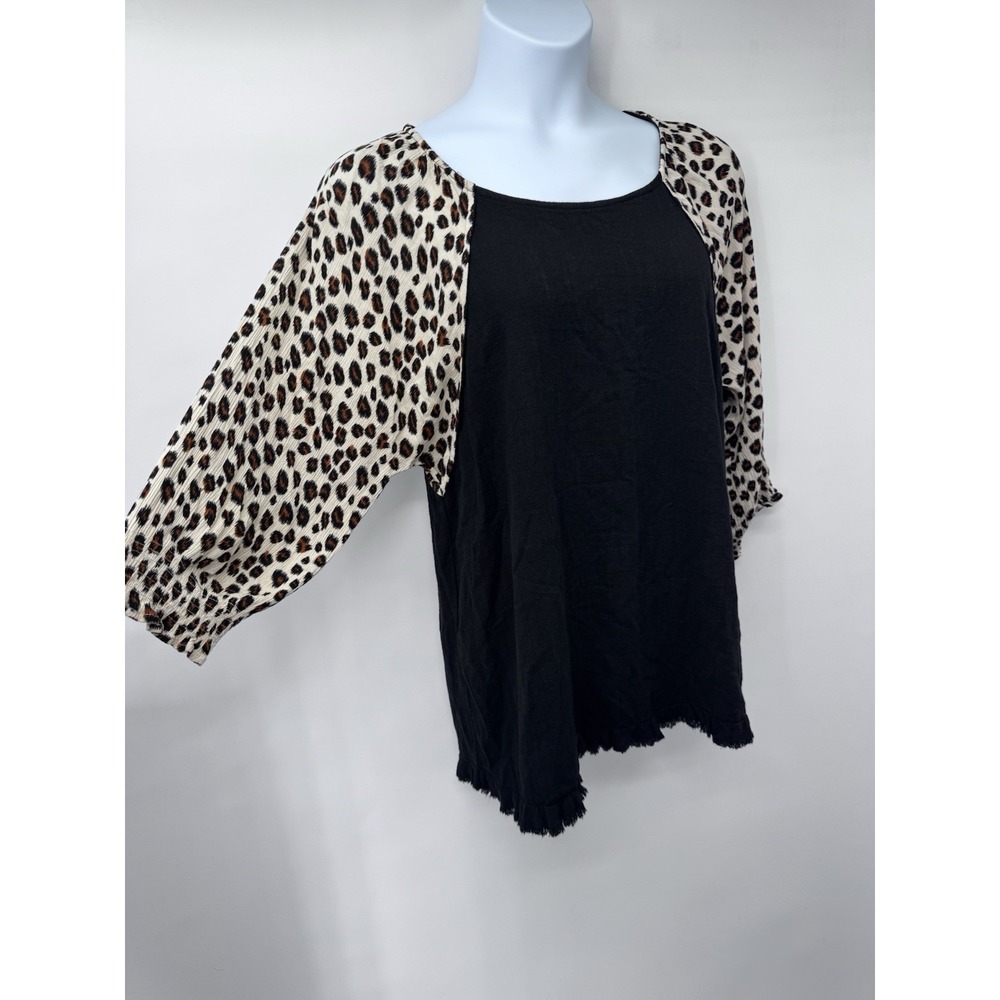 Umgee 3/4 Sleeve Leopard Linen Tunic Top fringe hem XL 22 ptp beach light boho - Picture 8 of 11
